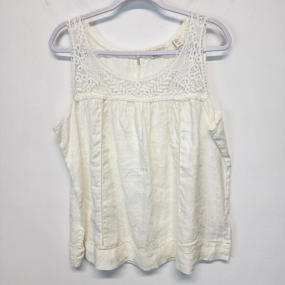 Cynthia Rowley Linen Lace Tank Top Size XL Ivory Pleated Round Neck Flowy Boho - Picture 1 of 9